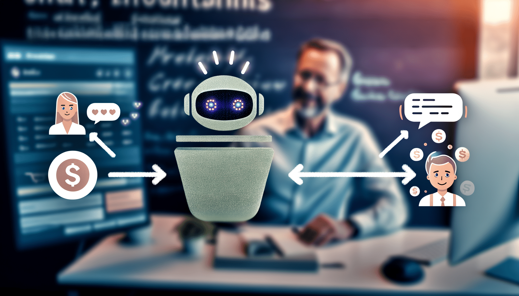 Una imagen digital profesional y atractiva que muestra chatbots de inteligencia artificial interactuando a la perfección con entornos de pequeñas y medianas empresas, destacando el crecimiento y la innovación, con énfasis en la integración digital y la captación de clientes.